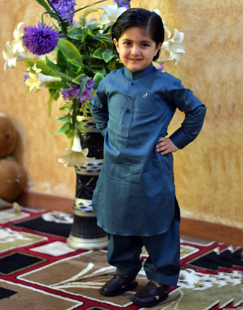 Dark Cyan Textured Kameez Shalwar Suit For Kids - JHONUM