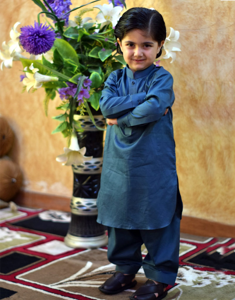 Dark Cyan Textured Kameez Shalwar Suit For Kids - JHONUM