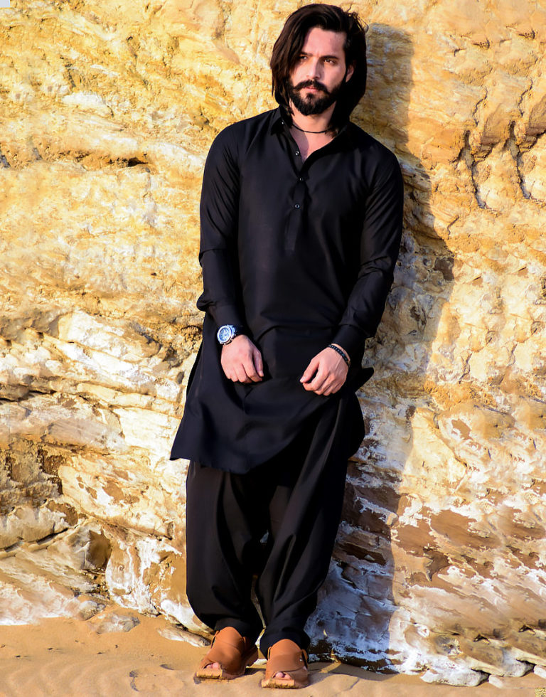 Elegant Black Kameez Shalwar | Wash & Wear Suit For Men - JHONUM